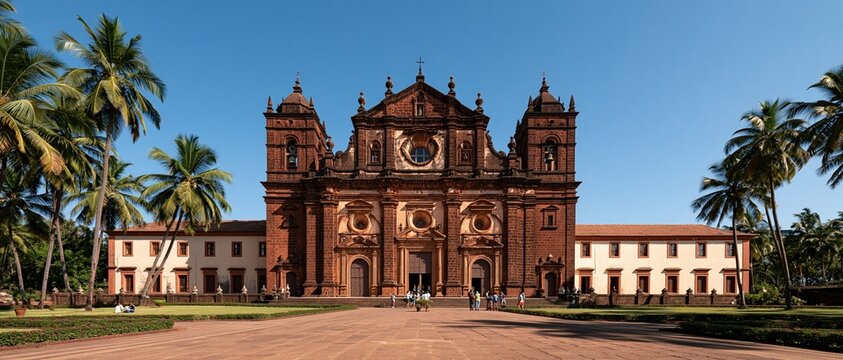 Wanderlust meets colonial grandeur at the Basilica of Bom Jesus, Goas iconic UNESCO World Heritage baroque church framed by tropical palms under vivid blue sky.