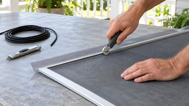 Hands Replacing Window Screen Mesh With Spline Roller Tool
