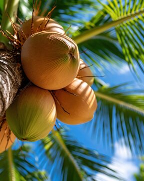 Coconuts Nestled in a Palm Tree Canopy Against a Bright Blue Sky