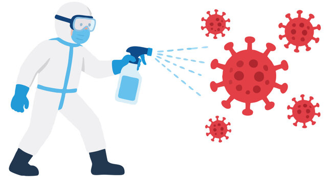 Worker in white protective hazmat suit spraying disinfectant sanitizer at red coronavirus particles, flat vector illustration of pandemic hygiene and virus disinfection and disease prevention