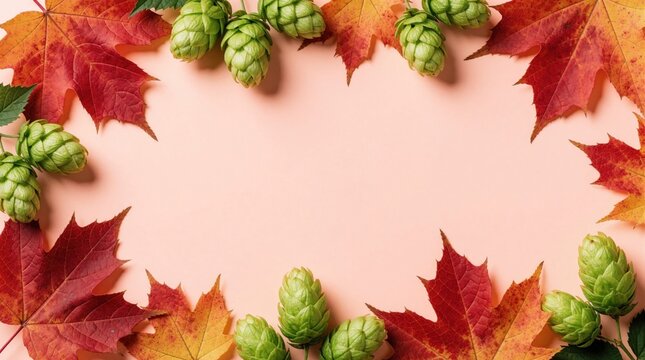 Vibrant red maple leaves, fresh green hop cones frame peach background. Autumn season botanical elements create natural border for seasonal design. Top view flat lay with copy space for craft beer