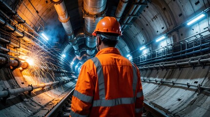 Fototapeta premium Male engineer in orange workwear, safety helmet stands in underground tunnel. Industrial worker watches sparks from welding work on metal pipes. Civil construction site features heavy machinery,