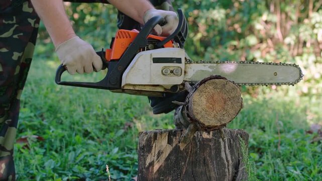 Gloved worker moves a chainsaw across a cut log resting on a tree stump in a sunlit forest clearing, demonstrating outdoor wood cutting equipment in use
