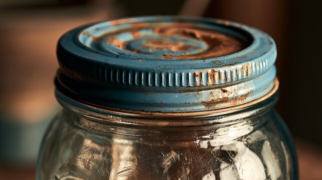Vintage glass jar with a rusted blue lid sits on a rustic wooden surface, representing aged storage and timeless appeal
