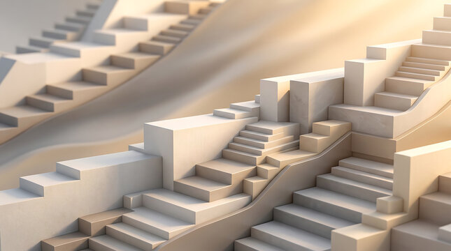 Abstract 3D render of multiple white stepped staircases ascending on a smooth, beige, wavy background, with soft lighting, and shadows