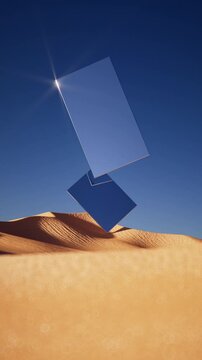 Mirrored geometric panels hover and slowly rotate above golden desert dunes. Seamless vertical animation creates a surreal futuristic scene.