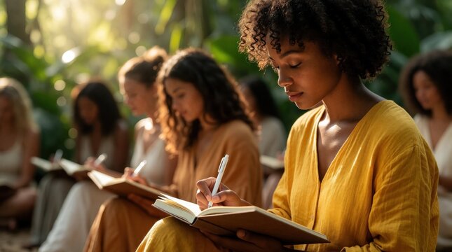 Diverse group of women practice guided journaling at wellness retreat. Young black woman writes in notebook during meditation session. Female participants selfcare exercises, personal growth