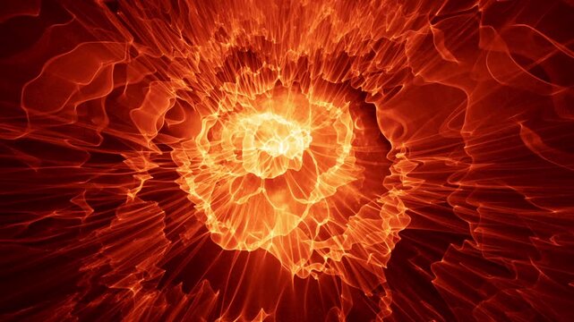 Looped orange caustics burst with radiant liquid energy and glowing abstract structure. Bold motion background for heat, science, and digital visuals.