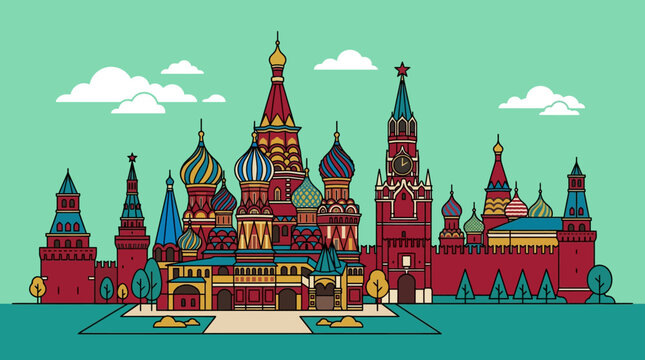 Vibrant Moscow Skyline Illustration featuring flat line art of Saint Basil's Cathedral and Kremlin towers. Ideal for travel blogs and cultural tourism promotions.