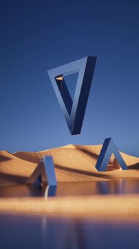 Mirrored geometric sculptures hover and slowly rotate above golden sand dunes. Seamless vertical motion creates a surreal futuristic desert scene.