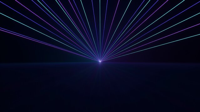 Neon laser light show background, vibrant geometric lines exploding from center point, futuristic night club stage lighting