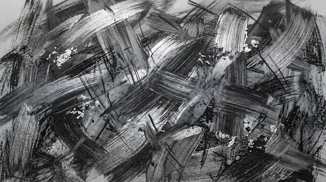 Abstract background, featuring layered, expressive, black and white, brushstrokes with visible, paint texture, overlapping, charcoal marks, and, chaotic gestural ink, sweeps on a, paper surface