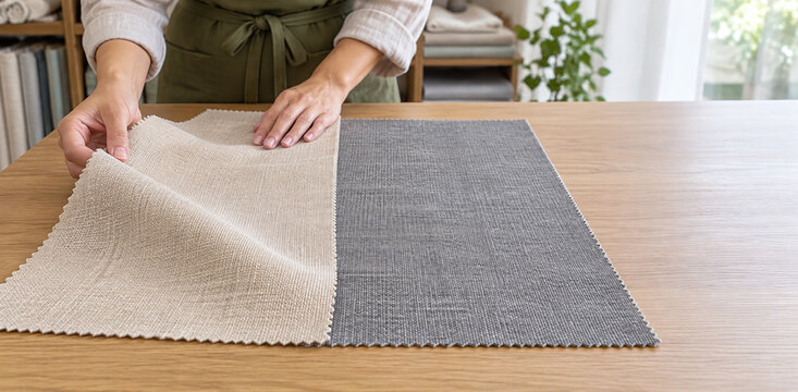 Hands comparing two fabric swatches at store consultation table