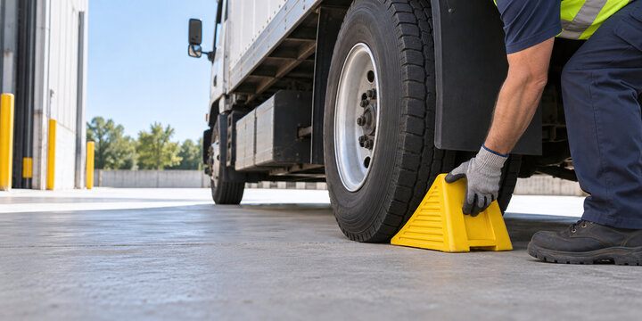 Worker placing wheel chock against delivery truck tire