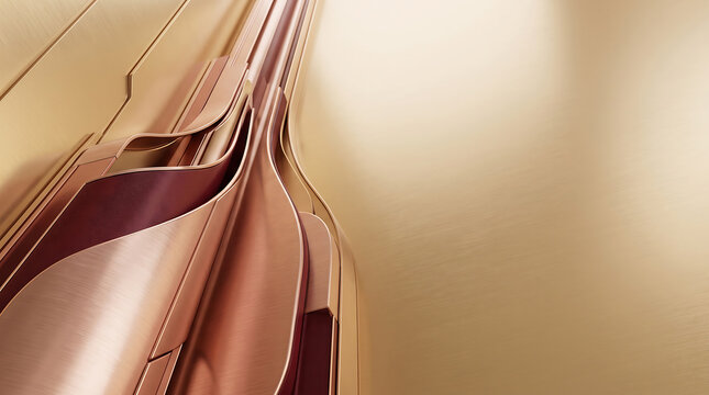 Abstract background, featuring layered, brushed, gold and copper, metallic sheets with, curved, flowing edges, and soft light, reflections on a, smooth, satin-finished surface