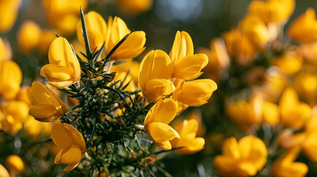 Bright yellow gorse flowers bloom intensely on a sunny hillside, showcasing spring&rsquo;s vibrant beauty and natural textures