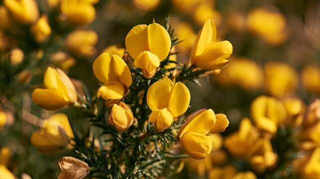 Golden gorse blossoms burst with vibrant yellow hues, showcasing a cheerful spring backdrop for design and decorative purposes
