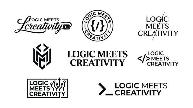 Logic Meets Creativity typography lettering set programming coding software developer syntax brackets badge text logo vector bundle