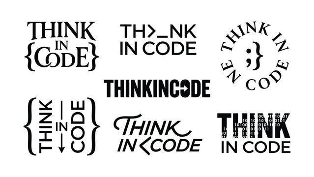 Think In Code typography lettering set programming coding software developer syntax brackets badge text logo vector bundle