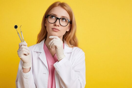 Young blonde female dentist student in white coat, pink scrubs looks up with confused expression. Pretty girl wearing black glasses holds dental tools, thinks about treatment. Professional student