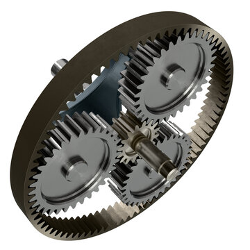 A precise 3D render of a planetary gear system, showcasing intricate metallic gears. Ideal for engineering, industrial, and mechanical design projects.