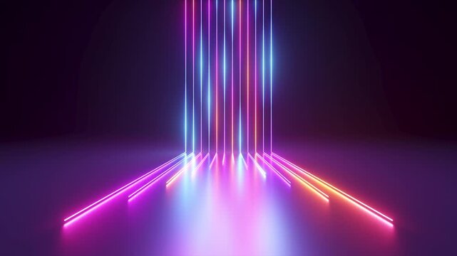 Vertical neon light beams rise from a glowing floor in a dark scene. Perfect loop for tech backgrounds, presentations, and promos.