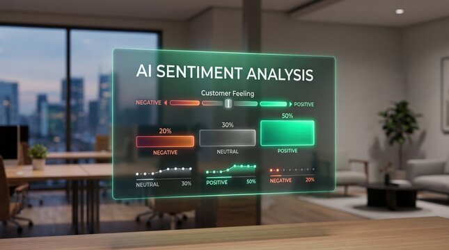 Dynamic AI Sentiment Analysis Dashboard Displaying Real-time Customer Feedback and Insights in a Modern Futuristic Office Environment