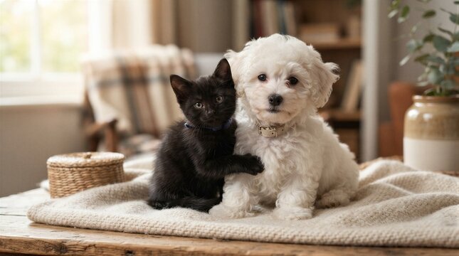 Soft light bathes a cozy, warm room. Fluffy white puppy sits calmly beside a sleek black kitten. They rest together on a textured, cream-colored blanket. Their eyes meet in quiet companionship