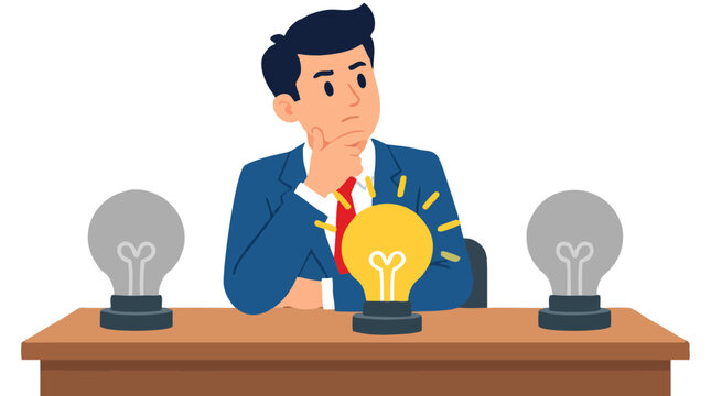 Thoughtful businessman in blue suit at wooden desk contemplating three light bulbs with one glowing bright yellow idea and two dim gray symbolizing creativity choice decision and innovation