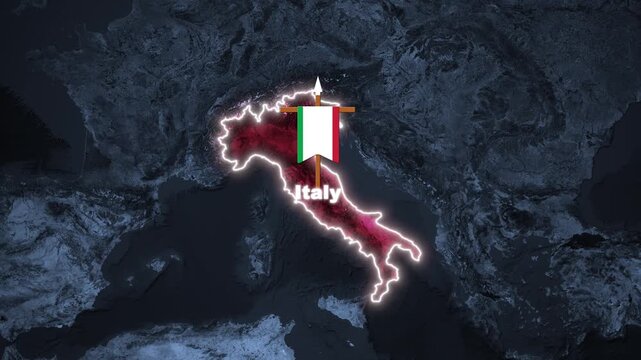 Italy country map motion graphic overlay with animated waving national flag and glowing border