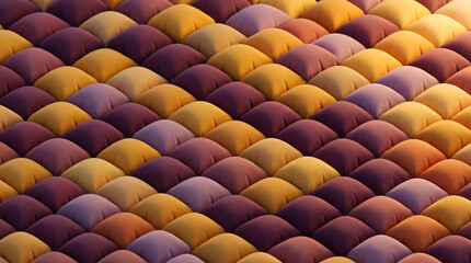 Fototapeta premium Abstract background, of repeating, soft, inflated, rounded square, cushions in shades, of yellow, orange, and purple, arranged, in a grid, pattern with soft lighting