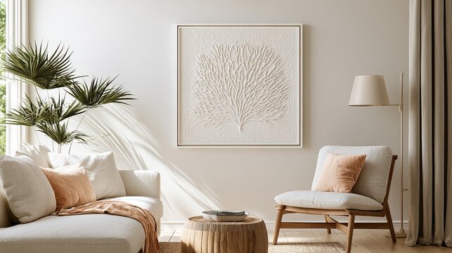 Elegant living room showcases neutral tones, presenting a framed botanical print, soft light, and calm, cozy interior design concept