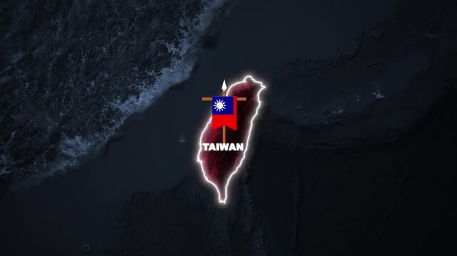 Taiwan country map motion graphic overlay with animated glowing borders and flag pin on dark background