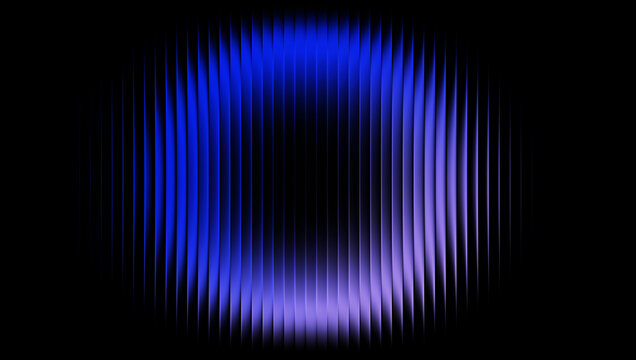 3D Glass gradient Neon Blue Purple Fluted Sphere, Abstract Ribbed Vertical Line Distortion, Glowing Violet Circular Light Refraction 3D Render &ndash; Central circular glowing halo in electric blue, violet