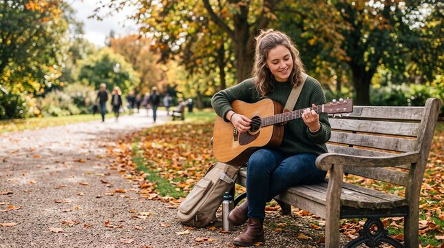 Young woman playing acoustic guitar on a park bench surrounded by autumn leaves