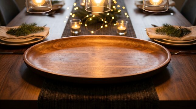 Elevated view of an elegant dining table with empty wooden serving platter illustrating festive celebration and inviting hospitality in a warm home.