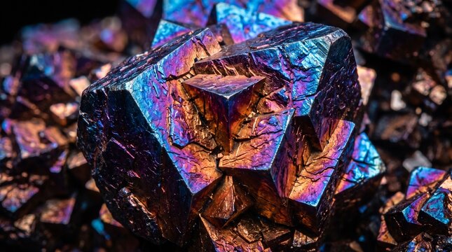 Extreme macro photograph of raw bornite mineral showing iridescent peacock ore metallic crystal surface