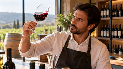 Naklejka premium Sommelier Swirling Red Wine Glass During Tasting 