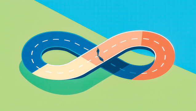 Overthinking concept with tiny person on endless looping road