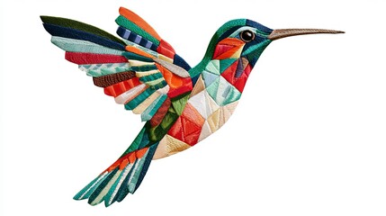 Fototapeta premium Colorful geometric hummingbird gracefully soaring, displaying vibrant plumage against a clean white backdrop, perfect concept art