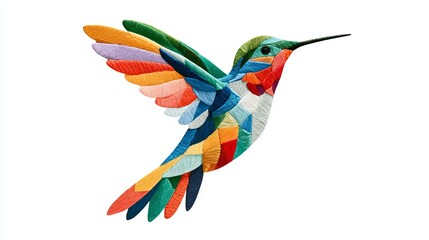 Fototapeta premium Vibrant hummingbird mid-flight displaying colorful geometric patterns, isolated against a clean white background, artistic concept
