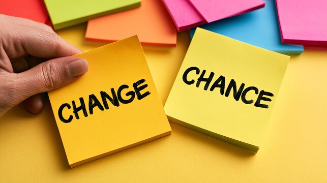 Hand holding a yellow sticky note displaying the word 'chance', representing opportunity, choice, and positive change concept