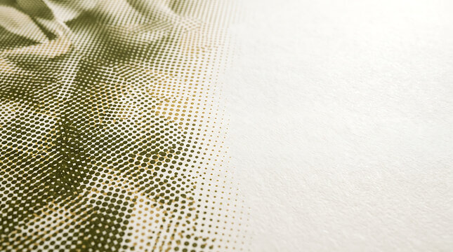 Abstract background, with olive green, halftone dots, gradient, pattern fading into, a textured white, paper surface, angled, perspective view of, a vintage-style print