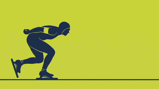 A minimalist silhouette of a speed skater captured mid-stride against a vibrant yellow background, showcasing the dynamic athleticism and streamlined form of the winter sport.