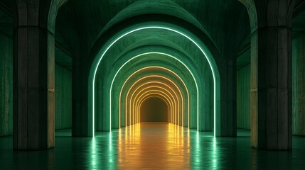 Fototapeta premium Illuminated archway tunnel, glowing neon lights creating a futuristic pathway, a vibrant concept for innovation and progress