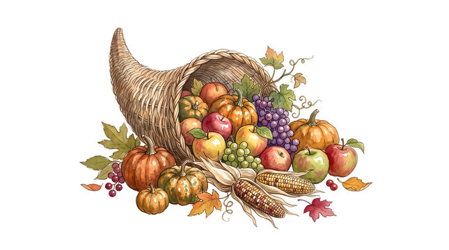Watercolour cornucopia with autumn harvest fruits and vegetables