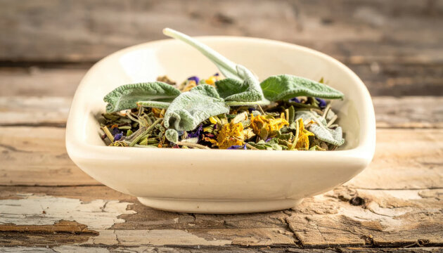 Fragrant Herbal Tea Blend Overflowing a Rustic Bowl on Textured Wood Surface