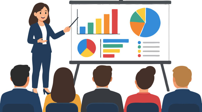 Smiling businesswoman in blue suit pointing at presentation board with colorful bar graphs and pie charts while explaining business data to seated corporate audience in office meeting