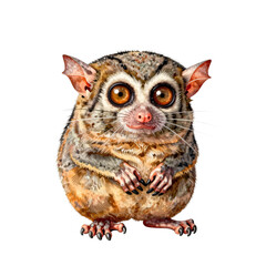 Fototapeta premium A small, furry galago with big, orange eyes and long fingers stands on its feet