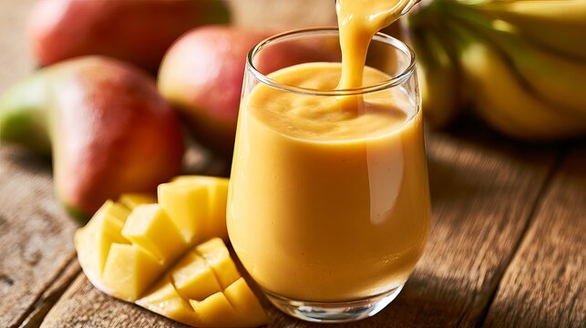 Golden mango smoothie pouring into a glass, showcasing vibrant tropical fruits, ideal for healthy food concept photography